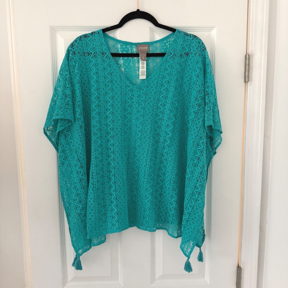 Chicos Turquoise Lace Tassel Kaftan Cover Up Swim Beach‎ Kimono Top S/M Vacation